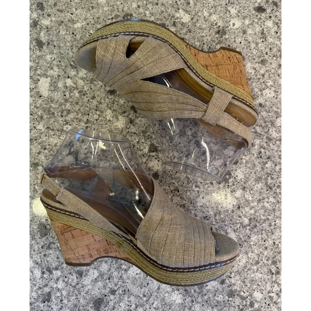 Naturalizer Womens Tan Linen Shimmer Cork Espadrille Wedge Sandals Peep Toe 4in